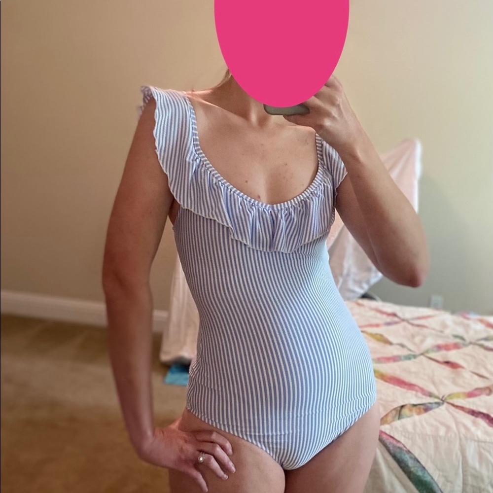 Blue seersucker swimsuit one piece